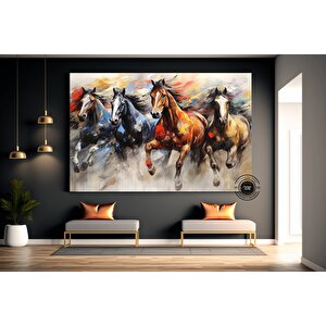 Ekstra Büyük Modern Soyut Geometri Kanvas Tablo; Altın Unsurlu Koşan Atlar; Duvar Dekoru 60x120 cm