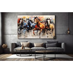 Ekstra Büyük Modern Soyut Geometri Kanvas Tablo; Altın Unsurlu Koşan Atlar; Duvar Dekoru