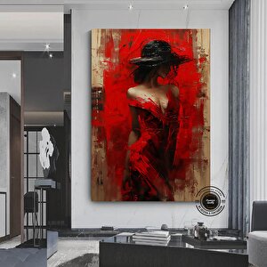 Soyut Kırmızı Kadın Kanvas; Kız Figürüne Kırmızı Boya Damlamaları; Ev Dekoru 90x150 cm