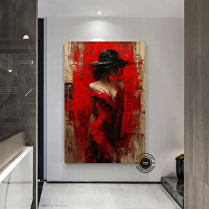 Soyut Kırmızı Kadın Kanvas; Kız Figürüne Kırmızı Boya Damlamaları; Ev Dekoru 90x150 cm