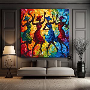 Afrikalı Kadın Dansçılar Kanvas Tablosu; Çerçeveli Ahşap Tablo; Zarif Dansçılar; Yüksek Kaliteli Ev 120x120 cm