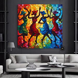 Afrikalı Kadın Dansçılar Kanvas Tablosu; Çerçeveli Ahşap Tablo; Zarif Dansçılar; Yüksek Kaliteli Ev 100x100 cm