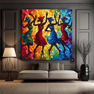 Afrikalı Kadın Dansçılar Kanvas Tablosu; Çerçeveli Ahşap Tablo; Zarif Dansçılar; Yüksek Kaliteli Ev 100x100 cm