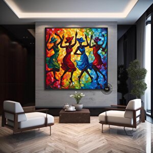 Afrikalı Kadın Dansçılar Kanvas Tablosu; Çerçeveli Ahşap Tablo; Zarif Dansçılar; Yüksek Kaliteli Ev 100x100 cm