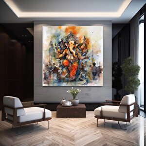 Harika Ganesha Duvar Sanatı – Soyut Duvar Sanatı, Renkli İlham Veren Ganesha Kanvas Tablosu 100x100 cm
