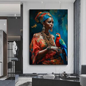 Afrikalı Kadın Ve Papağan Kanvası, Dokulu Soyut Kadın Baskısı 50x70 cm