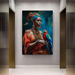 Afrikalı Kadın Ve Papağan Kanvası, Dokulu Soyut Kadın Baskısı 60x90 cm