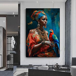 Afrikalı Kadın Ve Papağan Kanvası, Dokulu Soyut Kadın Baskısı 90x150 cm