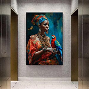 Afrikalı Kadın Ve Papağan Kanvası, Dokulu Soyut Kadın Baskısı 90x150 cm