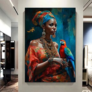 Afrikalı Kadın Ve Papağan Kanvası, Dokulu Soyut Kadın Baskısı 90x150 cm
