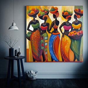 Bağlarında Meyve Sepeti Taşıyan Kadınlar Tablosu; Kadın Duvar Sanatı; Renkli Kadın Tablosu; Afrikalı 80x80 cm