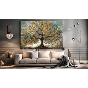 Mavi Ve Altın Yapraklı Ağaç Tablosu, Lüks Botanik Duvar Sanatı, Ev İçin Zarif Kanvas Dekoru