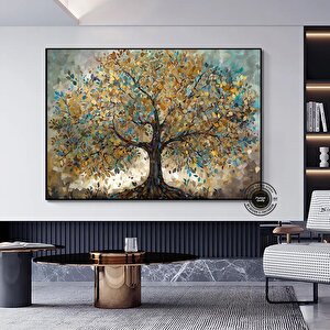 Mavi Ve Altın Yapraklı Ağaç Tablosu, Lüks Botanik Duvar Sanatı, Ev İçin Zarif Kanvas Dekoru 60x120 cm