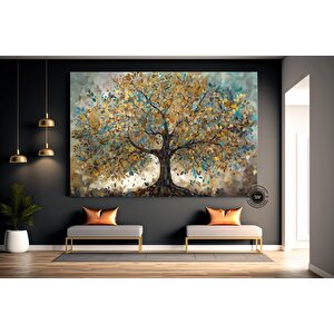 Mavi Ve Altın Yapraklı Ağaç Tablosu, Lüks Botanik Duvar Sanatı, Ev İçin Zarif Kanvas Dekoru 60x120 cm