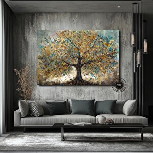 Mavi Ve Altın Yapraklı Ağaç Tablosu, Lüks Botanik Duvar Sanatı, Ev İçin Zarif Kanvas Dekoru 60x120 cm