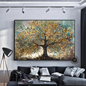 Mavi Ve Altın Yapraklı Ağaç Tablosu, Lüks Botanik Duvar Sanatı, Ev İçin Zarif Kanvas Dekoru