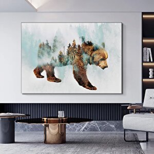 Karla Yürüyen Ayı Kanvas Duvar Sanatı – Ağaç Manzaralı Tablo; Kahverengi Ayı Baskısı; Asmaya Hazır 20x30 cm