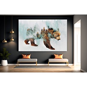 Karla Yürüyen Ayı Kanvas Duvar Sanatı – Ağaç Manzaralı Tablo; Kahverengi Ayı Baskısı; Asmaya Hazır