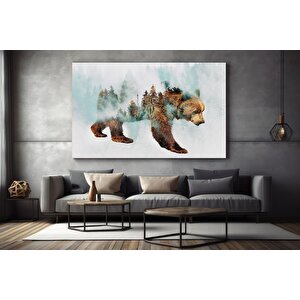 Karla Yürüyen Ayı Kanvas Duvar Sanatı – Ağaç Manzaralı Tablo; Kahverengi Ayı Baskısı; Asmaya Hazır