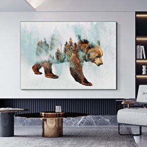 Karla Yürüyen Ayı Kanvas Duvar Sanatı – Ağaç Manzaralı Tablo; Kahverengi Ayı Baskısı; Asmaya Hazır 90x180 cm