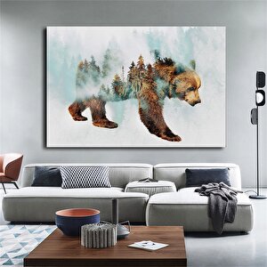 Karla Yürüyen Ayı Kanvas Duvar Sanatı – Ağaç Manzaralı Tablo; Kahverengi Ayı Baskısı; Asmaya Hazır 90x180 cm