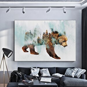 Karla Yürüyen Ayı Kanvas Duvar Sanatı – Ağaç Manzaralı Tablo; Kahverengi Ayı Baskısı; Asmaya Hazır 90x180 cm