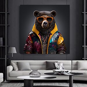 Renkli Ayı Tablosu; Gözlüklü Ayı Kanvas; Şirin Hayvan Sanatı 50x50 cm