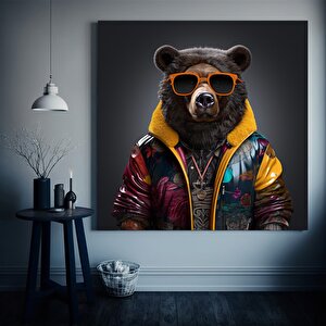 Renkli Ayı Tablosu; Gözlüklü Ayı Kanvas; Şirin Hayvan Sanatı 30x30 cm