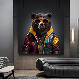 Renkli Ayı Tablosu; Gözlüklü Ayı Kanvas; Şirin Hayvan Sanatı 30x30 cm