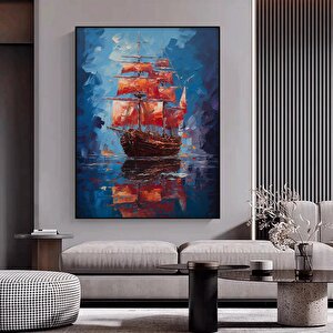 Yelkenli Gemi Kanvas Tablosu, Soyut Gemi Baskısı, Yelkenli Duvar Dekoru, Mavi Renkli Ev Sanatı 60x90 cm