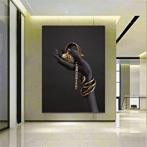 Afrika Kadını Dikey Kanvas Tablosu; Siyah Ve Altın Tonlar; Kadın Mücevher Sanatı