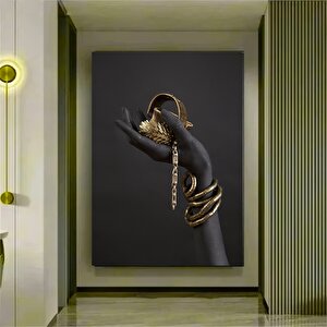 Afrika Kadını Dikey Kanvas Tablosu; Siyah Ve Altın Tonlar; Kadın Mücevher Sanatı