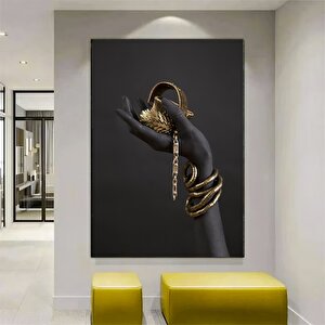 Afrika Kadını Dikey Kanvas Tablosu; Siyah Ve Altın Tonlar; Kadın Mücevher Sanatı