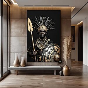 Siyah Ve Altın Zırhlı Afrikalı Erkek Figürü Kanvas Duvar Tablosu 150x290 cm