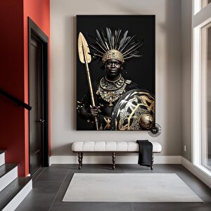 Siyah Ve Altın Zırhlı Afrikalı Erkek Figürü Kanvas Duvar Tablosu 150x290 cm