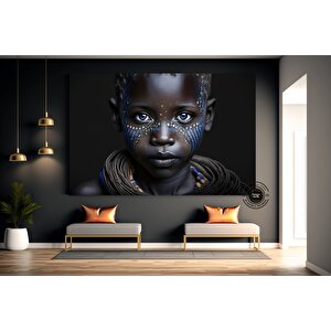 Afrika-amerikan Sanatı Kanvası – Geleneksel Giysili Afrikalı Çocuk; Mavi Gözlü Afrikalı Çocuk Kanvas 60x120 cm