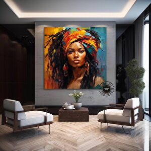 Oturma Odası İçin Afrika-amerikan Duvar Sanatı; Siyah Kadın Tablosu 100x100 cm