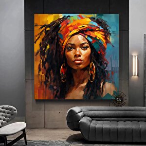 Oturma Odası İçin Afrika-amerikan Duvar Sanatı; Siyah Kadın Tablosu 100x100 cm