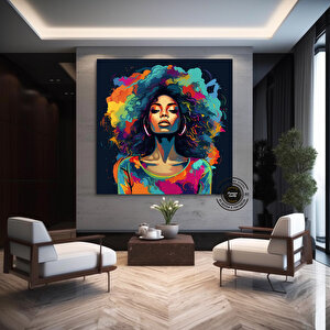Afrika-amerikan Pop Art Kadın Tablosu; Renkli Soyut 80x80 cm