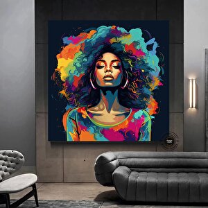 Afrika-amerikan Pop Art Kadın Tablosu; Renkli Soyut 80x80 cm