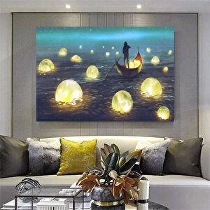Tekne Ve Ay Manzarası Kanvas; Gece Tablosu 90x150 cm