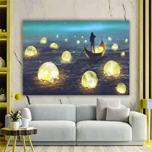 Tekne Ve Ay Manzarası Kanvas; Gece Tablosu 60x120 cm