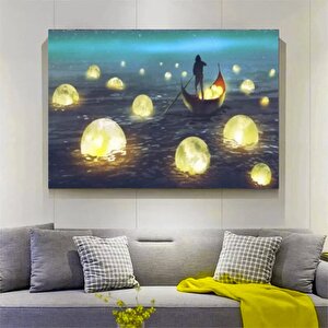 Tekne Ve Ay Manzarası Kanvas; Gece Tablosu 120x180 cm