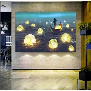 Tekne Ve Ay Manzarası Kanvas; Gece Tablosu