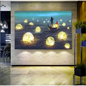 Tekne Ve Ay Manzarası Kanvas; Gece Tablosu