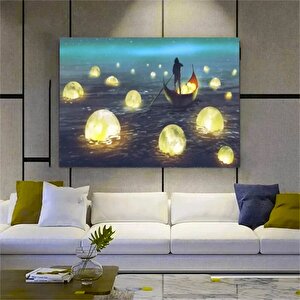 Tekne Ve Ay Manzarası Kanvas; Gece Tablosu
