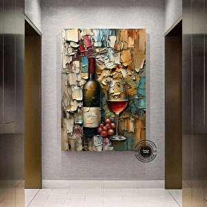 Şarap Şişesi Ve Kadeh Kanvas Duvar Sanatı; Asmaya Hazır Kırmızı Şarap Temalı Ev Dekoru 50x70 cm