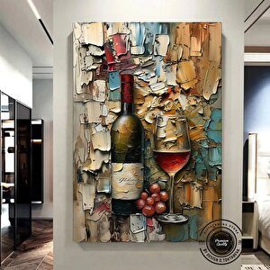 Şarap Şişesi Ve Kadeh Kanvas Duvar Sanatı; Asmaya Hazır Kırmızı Şarap Temalı Ev Dekoru