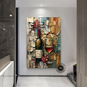 Şarap Şişesi Ve Kadeh Kanvas Duvar Sanatı; Asmaya Hazır Kırmızı Şarap Temalı Ev Dekoru 80x150 cm