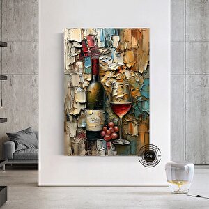 Şarap Şişesi Ve Kadeh Kanvas Duvar Sanatı; Asmaya Hazır Kırmızı Şarap Temalı Ev Dekoru